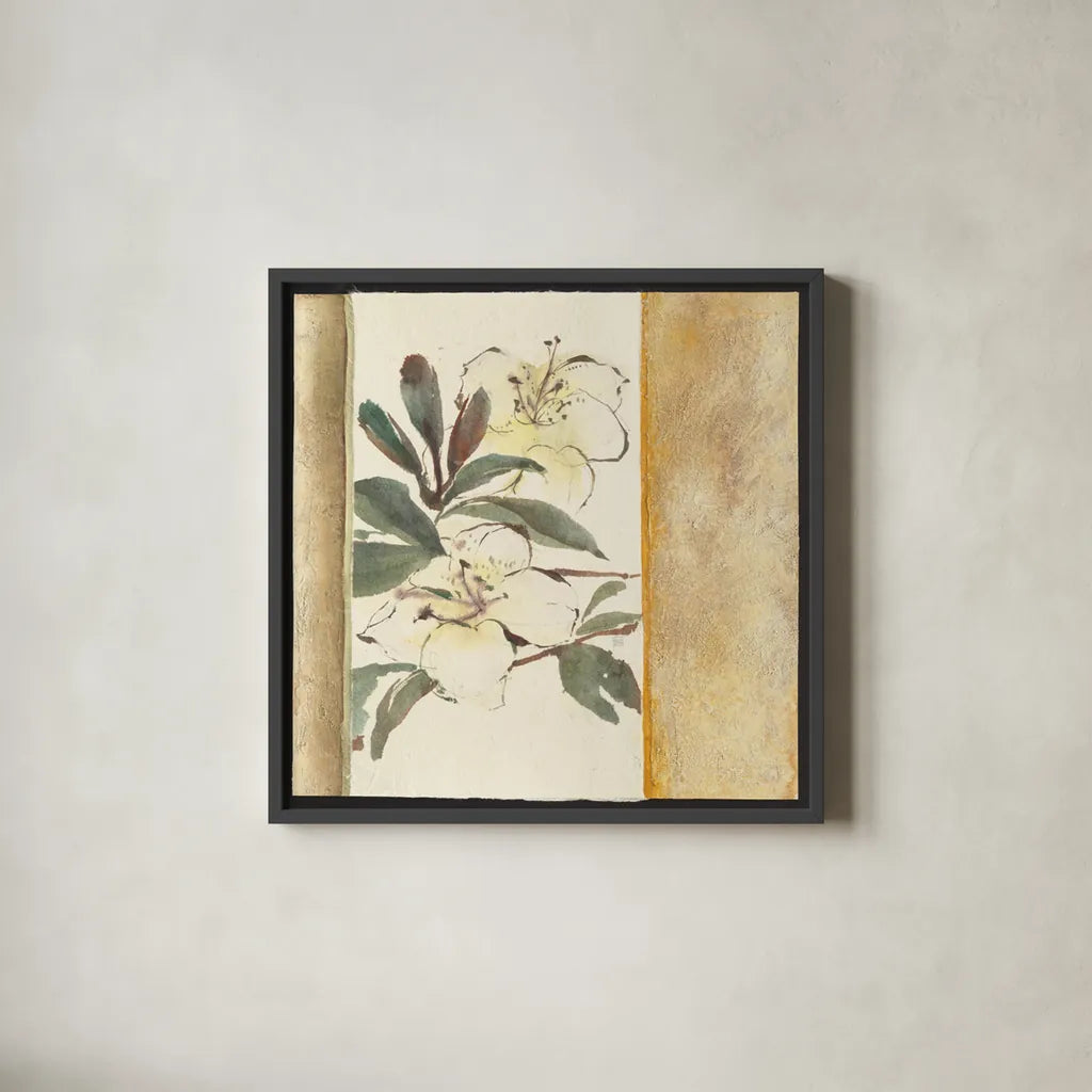 Ochre Rhododendron by Chris Paschke. Shown in a sleek black glass frame for a contemporary gallery look. Available as an archival giclee rolled canvas, fine art paper, or poster print. SKU 36602a.