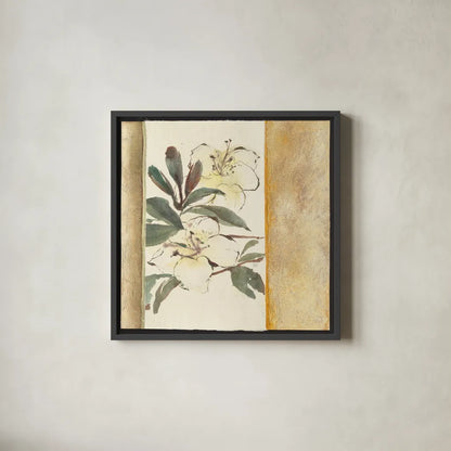 Ochre Rhododendron by Chris Paschke. Shown in a sleek black glass frame for a contemporary gallery look. Available as an archival giclee rolled canvas, fine art paper, or poster print. SKU 36602a.