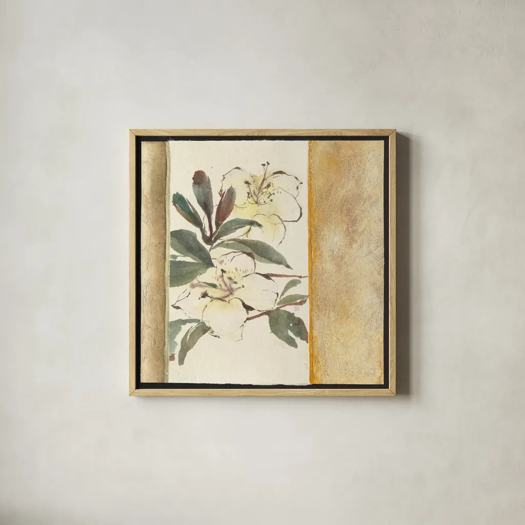 Ochre Rhododendron by Chris Paschke. Shown in a natural wood glass frame for a timeless modern aesthetic. Available as an archival giclee rolled canvas, fine art paper, or poster print. SKU 36602a.