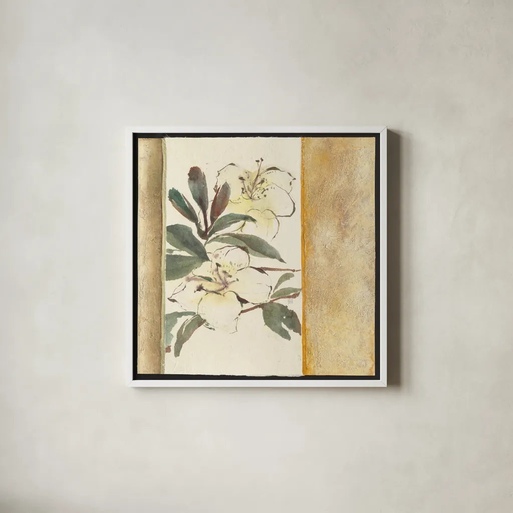 Ochre Rhododendron by Chris Paschke. Shown in a crisp white glass frame for a clean and minimalist style. Available as an archival giclee rolled canvas, fine art paper, or poster print. SKU 36602a.