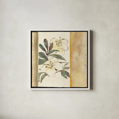 Ochre Rhododendron by Chris Paschke. Shown in a crisp white glass frame for a clean and minimalist style. Available as an archival giclee rolled canvas, fine art paper, or poster print. SKU 36602a.