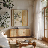 Ochre Rhododendron by Chris Paschke. Shown in a natural wood frame in a cozy modern living room. Available as an archival giclee rolled canvas, fine art paper, or poster print. SKU 36602a.