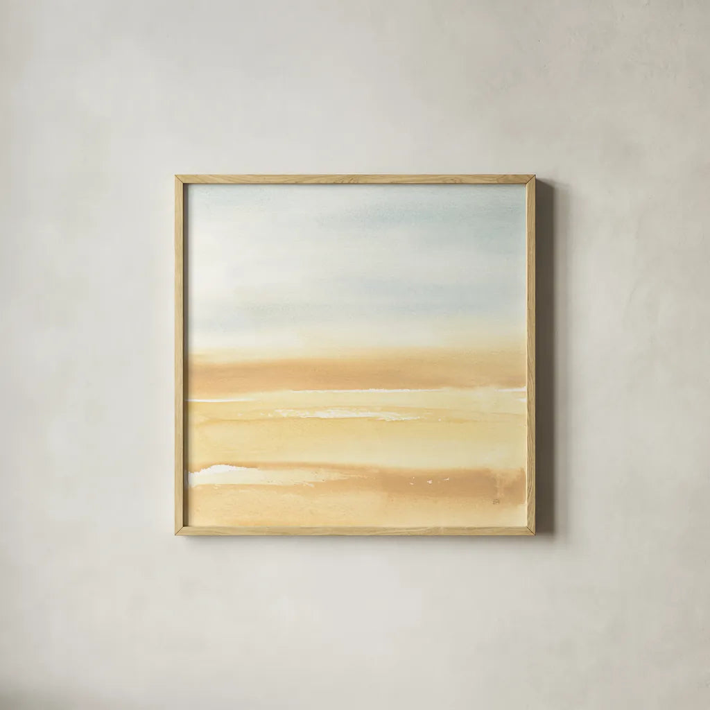Ochre Sands I by Chris Paschke. Shown in a natural wood glass frame for a timeless modern aesthetic. Available as an archival giclee rolled canvas, fine art paper, or poster print. SKU 67664a.