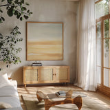 Ochre Sands I by Chris Paschke. Shown in a natural wood frame in a cozy modern living room. Available as an archival giclee rolled canvas, fine art paper, or poster print. SKU 67664a.