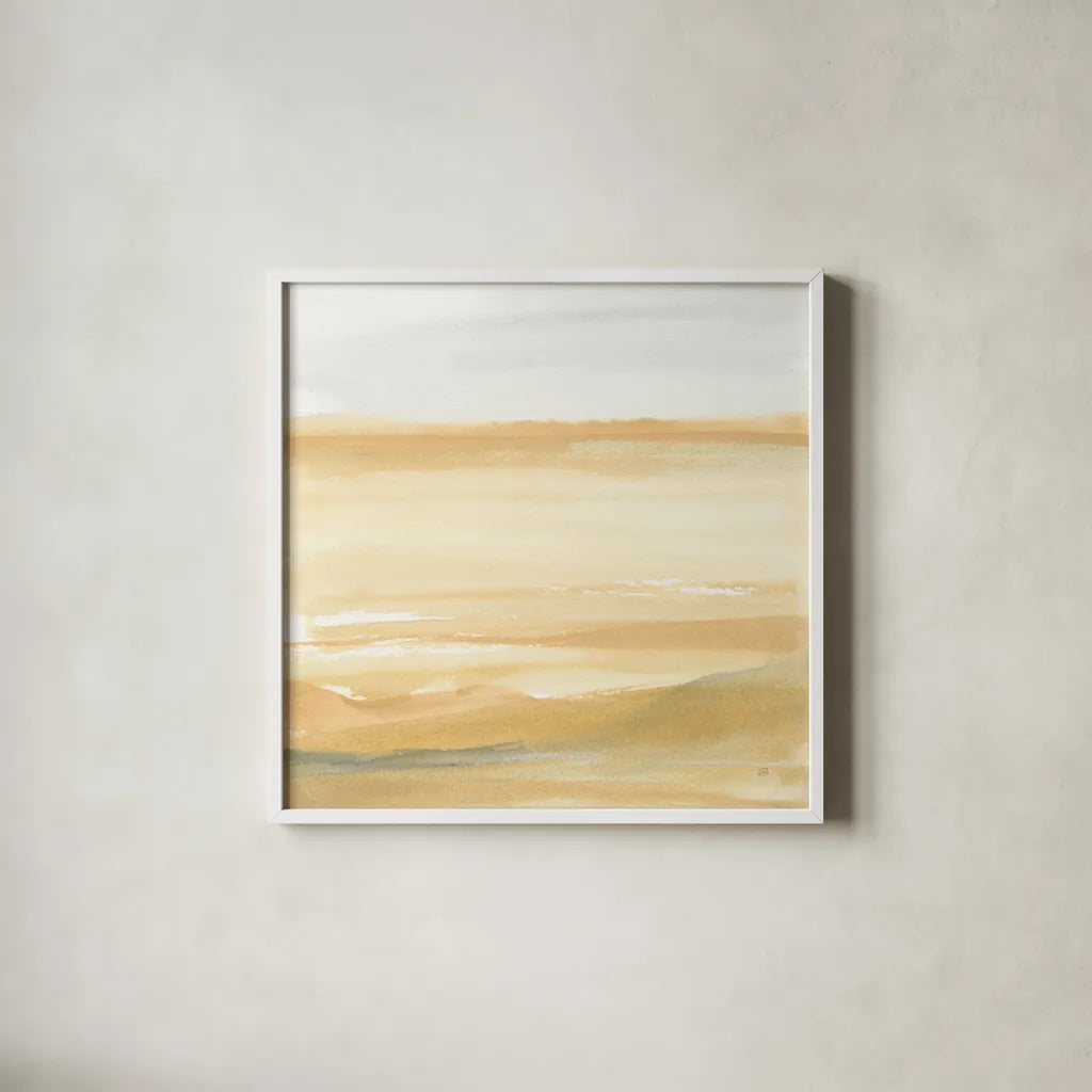 Ochre Sands II by Chris Paschke. Shown in a crisp white glass frame for a clean and minimalist style. Available as an archival giclee rolled canvas, fine art paper, or poster print. SKU 67665a.