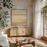 Ochre Sands II by Chris Paschke. Shown in a natural wood frame in a cozy modern living room. Available as an archival giclee rolled canvas, fine art paper, or poster print. SKU 67665a.