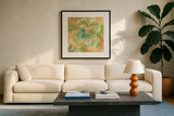 Olive Poppy I by Chris Paschke. Displayed in a glass frame with matte in a clean modern living room. Available as an archival giclee rolled canvas, fine art paper, or poster print. SKU 50259a.