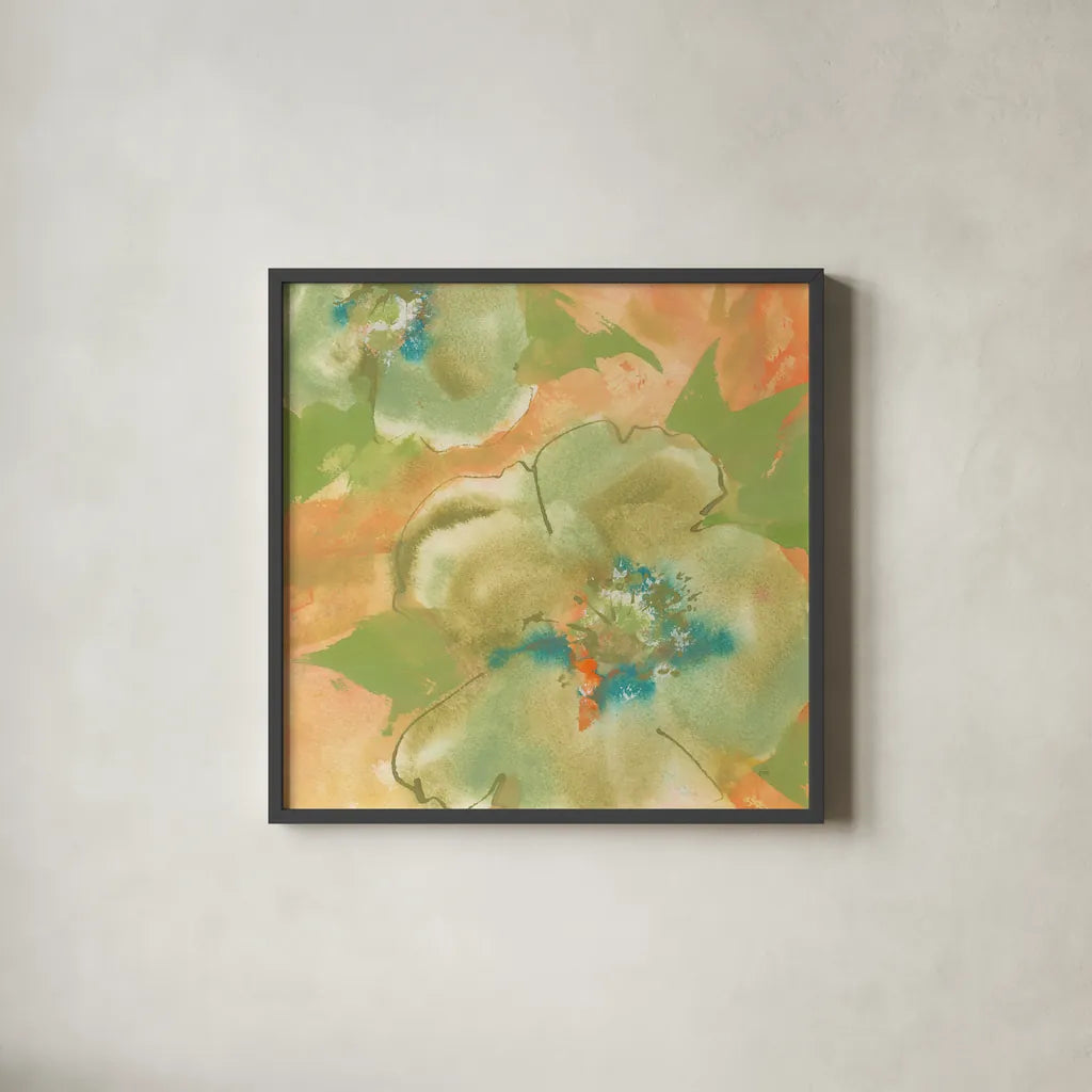 Olive Poppy II by Chris Paschke. Shown in a sleek black glass frame for a contemporary gallery look. Available as an archival giclee rolled canvas, fine art paper, or poster print. SKU 50260a.