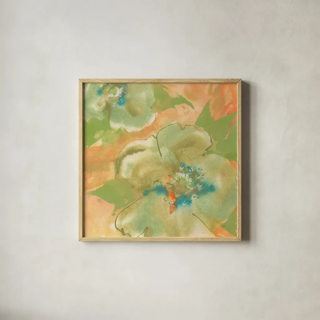 Olive Poppy II by Chris Paschke. Shown in a natural wood glass frame for a timeless modern aesthetic. Available as an archival giclee rolled canvas, fine art paper, or poster print. SKU 50260a.