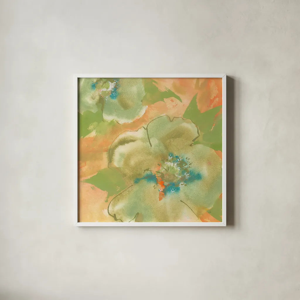 Olive Poppy II by Chris Paschke. Shown in a crisp white glass frame for a clean and minimalist style. Available as an archival giclee rolled canvas, fine art paper, or poster print. SKU 50260a.