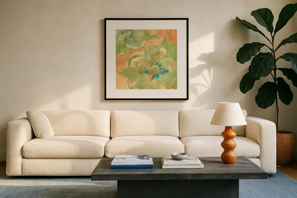 Olive Poppy II by Chris Paschke. Displayed in a glass frame with matte in a clean modern living room. Available as an archival giclee rolled canvas, fine art paper, or poster print. SKU 50260a.