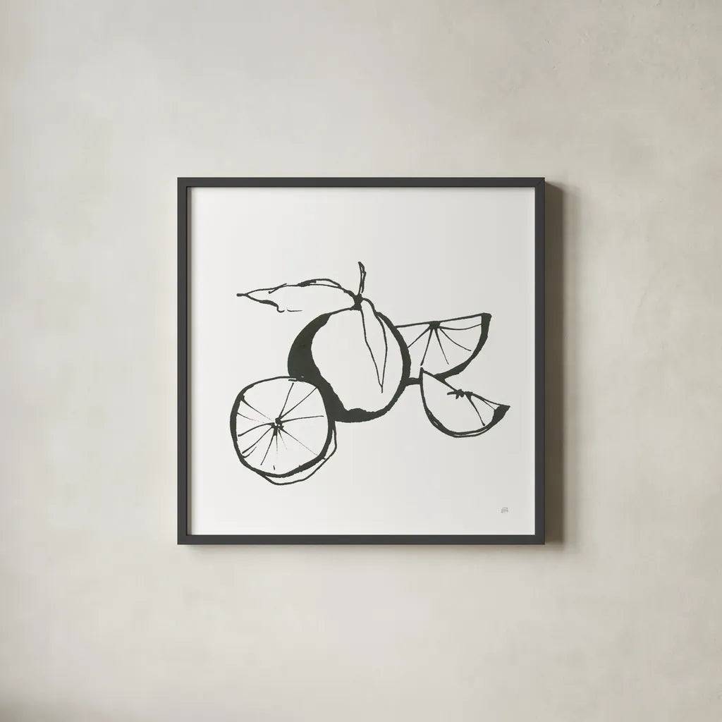 Oranges BW by Chris Paschke. Shown in a sleek black glass frame for a contemporary gallery look. Available as an archival giclee rolled canvas, fine art paper, or poster print. SKU 64218a.