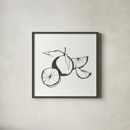 Oranges BW by Chris Paschke. Shown in a sleek black glass frame for a contemporary gallery look. Available as an archival giclee rolled canvas, fine art paper, or poster print. SKU 64218a.