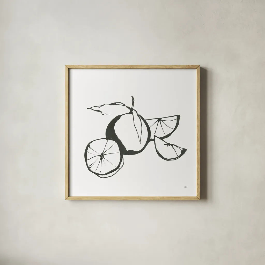 Oranges BW by Chris Paschke. Shown in a natural wood glass frame for a timeless modern aesthetic. Available as an archival giclee rolled canvas, fine art paper, or poster print. SKU 64218a.