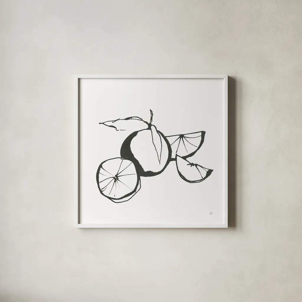 Oranges BW by Chris Paschke. Shown in a crisp white glass frame for a clean and minimalist style. Available as an archival giclee rolled canvas, fine art paper, or poster print. SKU 64218a.