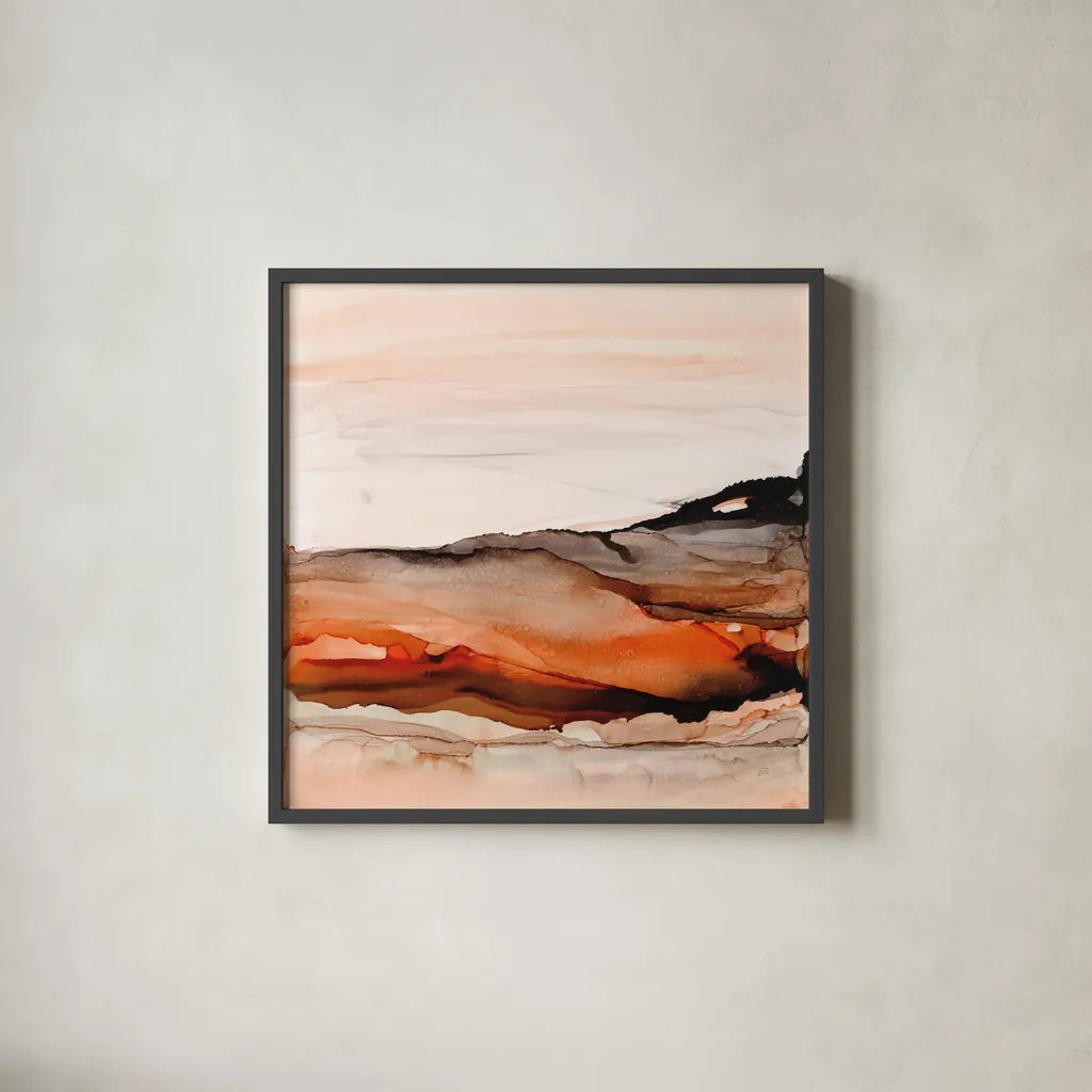 Orangescape I by Chris Paschke. Shown in a sleek black glass frame for a contemporary gallery look. Available as an archival giclee rolled canvas, fine art paper, or poster print. SKU 66752a.