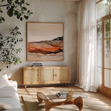 Orangescape I by Chris Paschke. Shown in a natural wood frame in a cozy modern living room. Available as an archival giclee rolled canvas, fine art paper, or poster print. SKU 66752a.