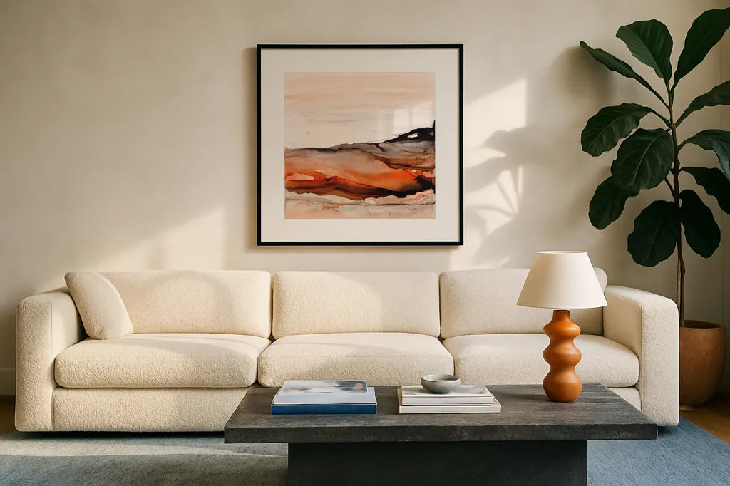 Orangescape I by Chris Paschke. Displayed in a glass frame with matte in a clean modern living room. Available as an archival giclee rolled canvas, fine art paper, or poster print. SKU 66752a.