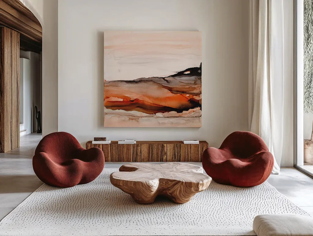 Orangescape I by Chris Paschke. Shown as extra-large giant wall art in a modern living room. Available as an archival giclee rolled canvas, fine art paper, or poster print. SKU 66752a.