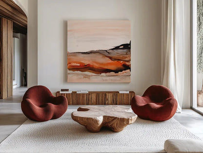 Orangescape I by Chris Paschke. Shown as extra-large giant wall art in a modern living room. Available as an archival giclee rolled canvas, fine art paper, or poster print. SKU 66752a.