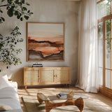Orangescape II by Chris Paschke. Shown in a natural wood frame in a cozy modern living room. Available as an archival giclee rolled canvas, fine art paper, or poster print. SKU 66753a.