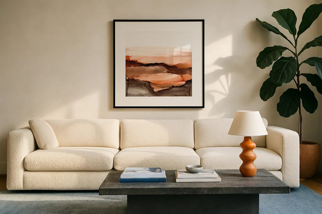 Orangescape II by Chris Paschke. Displayed in a glass frame with matte in a clean modern living room. Available as an archival giclee rolled canvas, fine art paper, or poster print. SKU 66753a.