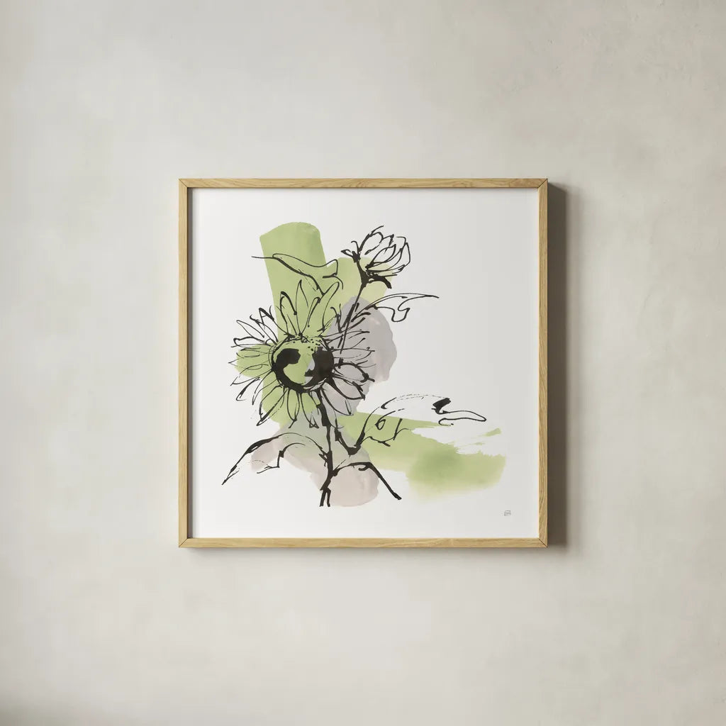 Organic Sunflower II by Chris Paschke. Shown in a natural wood glass frame for a timeless modern aesthetic. Available as an archival giclee rolled canvas, fine art paper, or poster print. SKU 85774a.