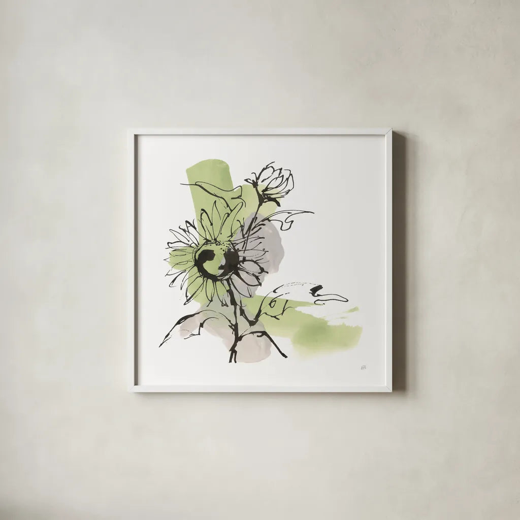Organic Sunflower II by Chris Paschke. Shown in a crisp white glass frame for a clean and minimalist style. Available as an archival giclee rolled canvas, fine art paper, or poster print. SKU 85774a.