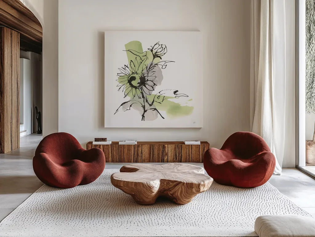 Organic Sunflower II by Chris Paschke. Shown as extra-large giant wall art in a modern living room. Available as an archival giclee rolled canvas, fine art paper, or poster print. SKU 85774a.