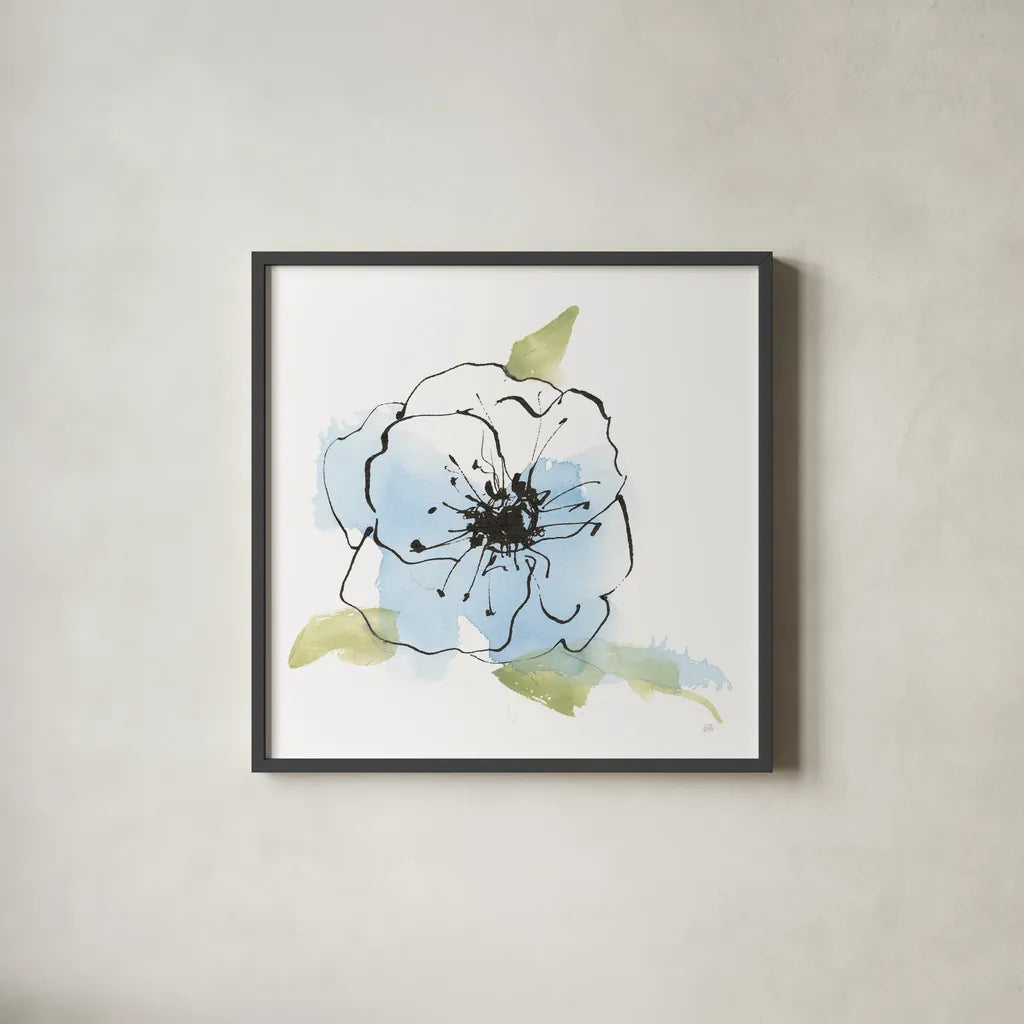 Oriental Blue II by Chris Paschke. Shown in a sleek black glass frame for a contemporary gallery look. Available as an archival giclee rolled canvas, fine art paper, or poster print. SKU 88095a.