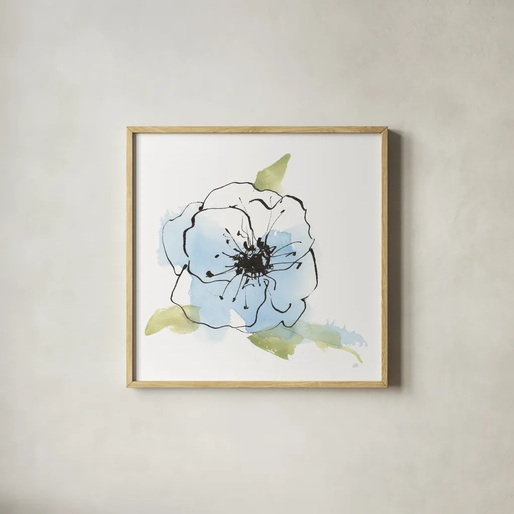 Oriental Blue II by Chris Paschke. Shown in a natural wood glass frame for a timeless modern aesthetic. Available as an archival giclee rolled canvas, fine art paper, or poster print. SKU 88095a.