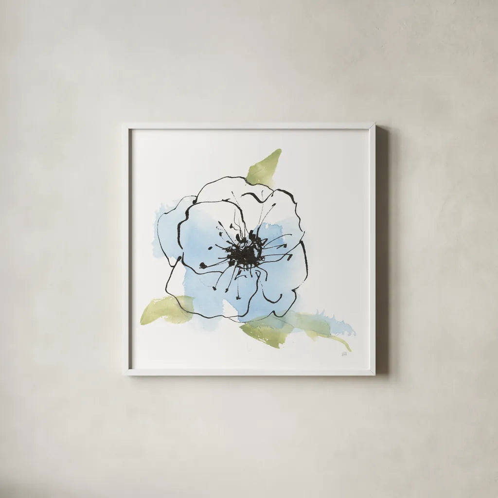 Oriental Blue II by Chris Paschke. Shown in a crisp white glass frame for a clean and minimalist style. Available as an archival giclee rolled canvas, fine art paper, or poster print. SKU 88095a.