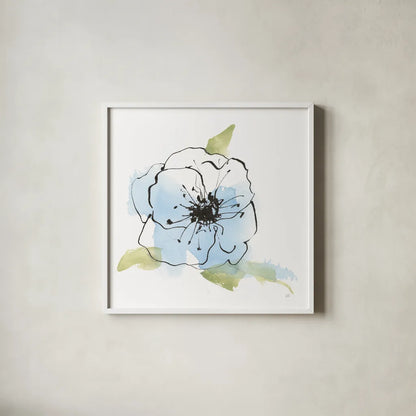 Oriental Blue II by Chris Paschke. Shown in a crisp white glass frame for a clean and minimalist style. Available as an archival giclee rolled canvas, fine art paper, or poster print. SKU 88095a.