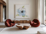 Oriental Blue II by Chris Paschke. Shown as extra-large giant wall art in a modern living room. Available as an archival giclee rolled canvas, fine art paper, or poster print. SKU 88095a.