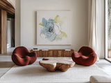 Oriental Blue III by Chris Paschke. Shown as extra-large giant wall art in a modern living room. Available as an archival giclee rolled canvas, fine art paper, or poster print. SKU 88096a.