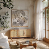Original Neutrals II by Chris Paschke. Shown in a natural wood frame in a cozy modern living room. Available as an archival giclee rolled canvas, fine art paper, or poster print. SKU 70654a.
