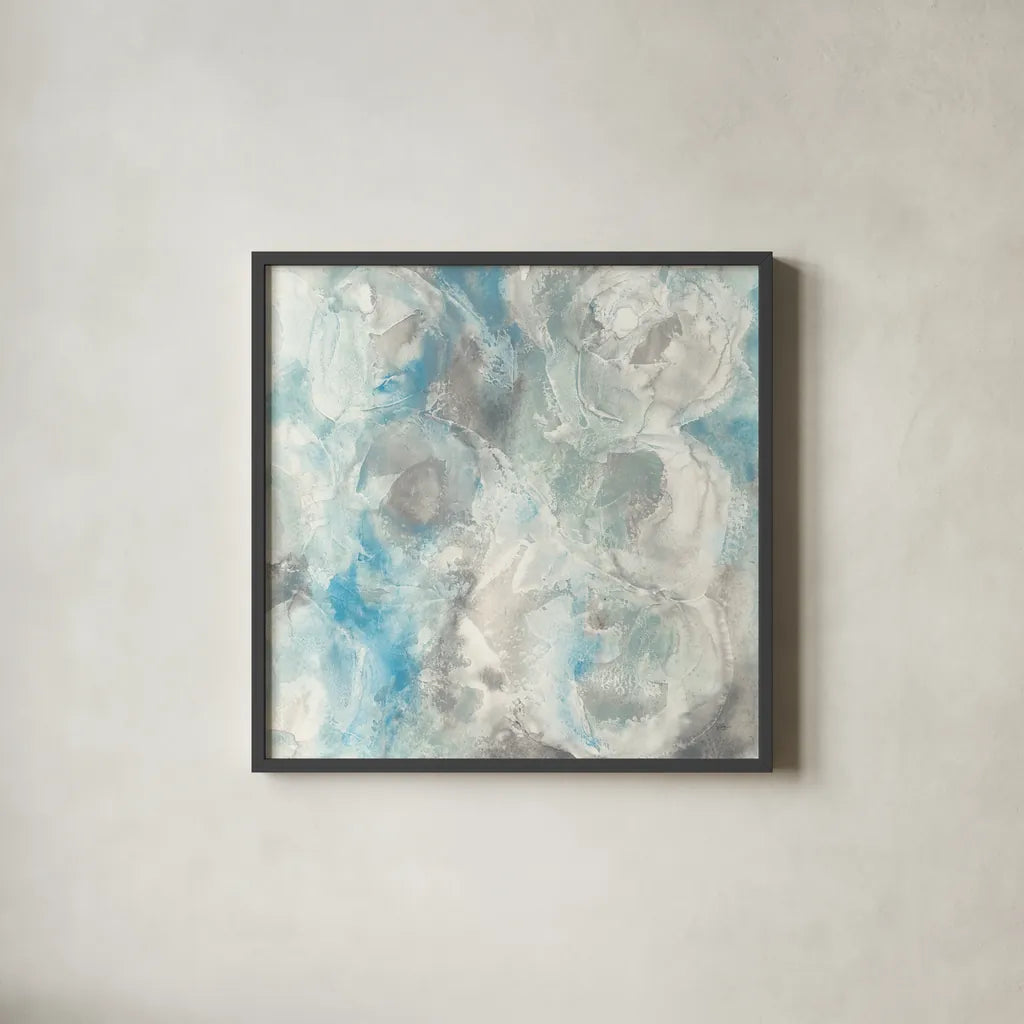 Pale Blue Circles I by Chris Paschke. Shown in a sleek black glass frame for a contemporary gallery look. Available as an archival giclee rolled canvas, fine art paper, or poster print. SKU 35255a.