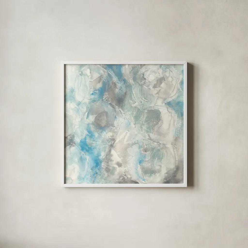 Pale Blue Circles I by Chris Paschke. Shown in a crisp white glass frame for a clean and minimalist style. Available as an archival giclee rolled canvas, fine art paper, or poster print. SKU 35255a.