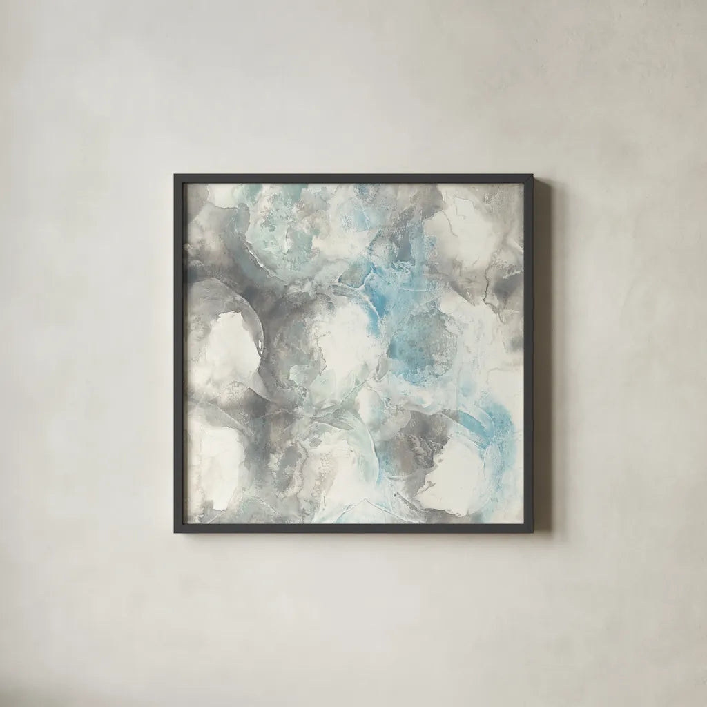 Pale Blue Circles II by Chris Paschke. Shown in a sleek black glass frame for a contemporary gallery look. Available as an archival giclee rolled canvas, fine art paper, or poster print. SKU 35256a.