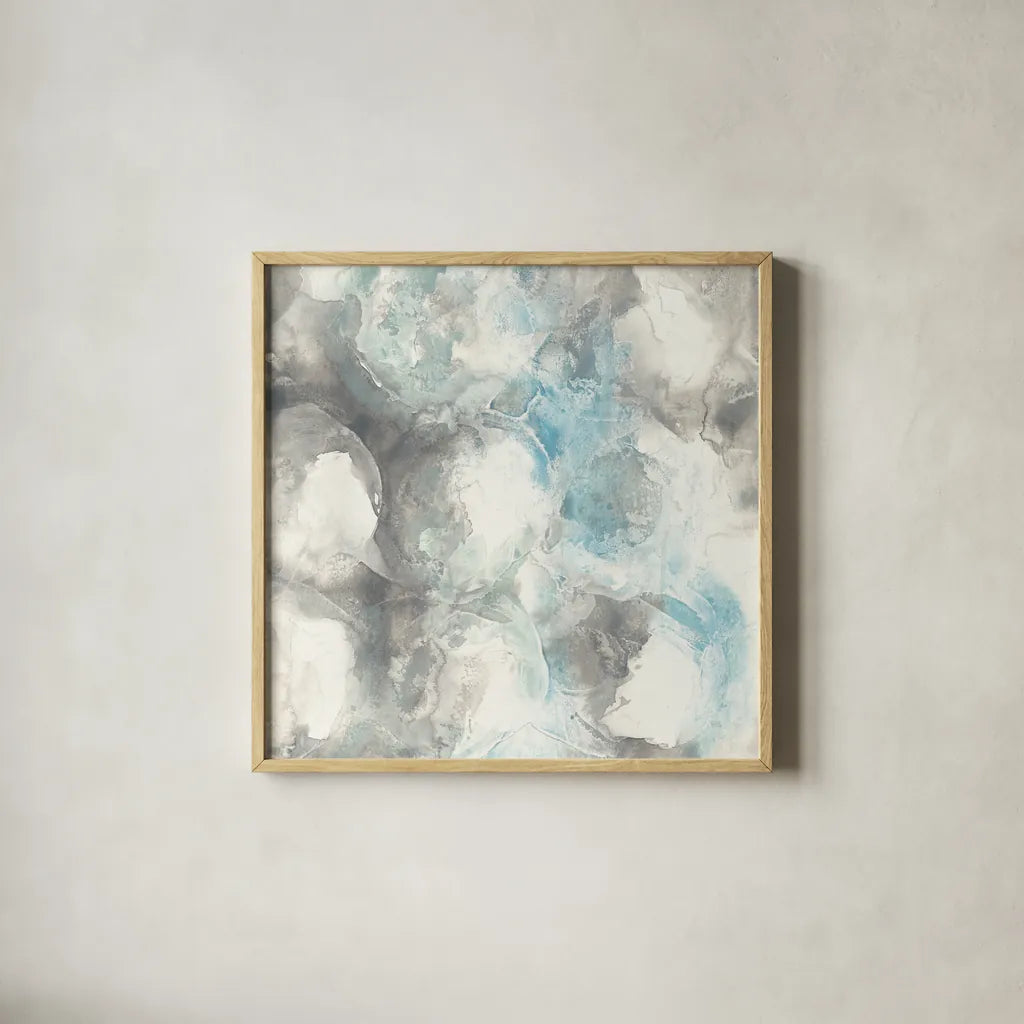 Pale Blue Circles II by Chris Paschke. Shown in a natural wood glass frame for a timeless modern aesthetic. Available as an archival giclee rolled canvas, fine art paper, or poster print. SKU 35256a.