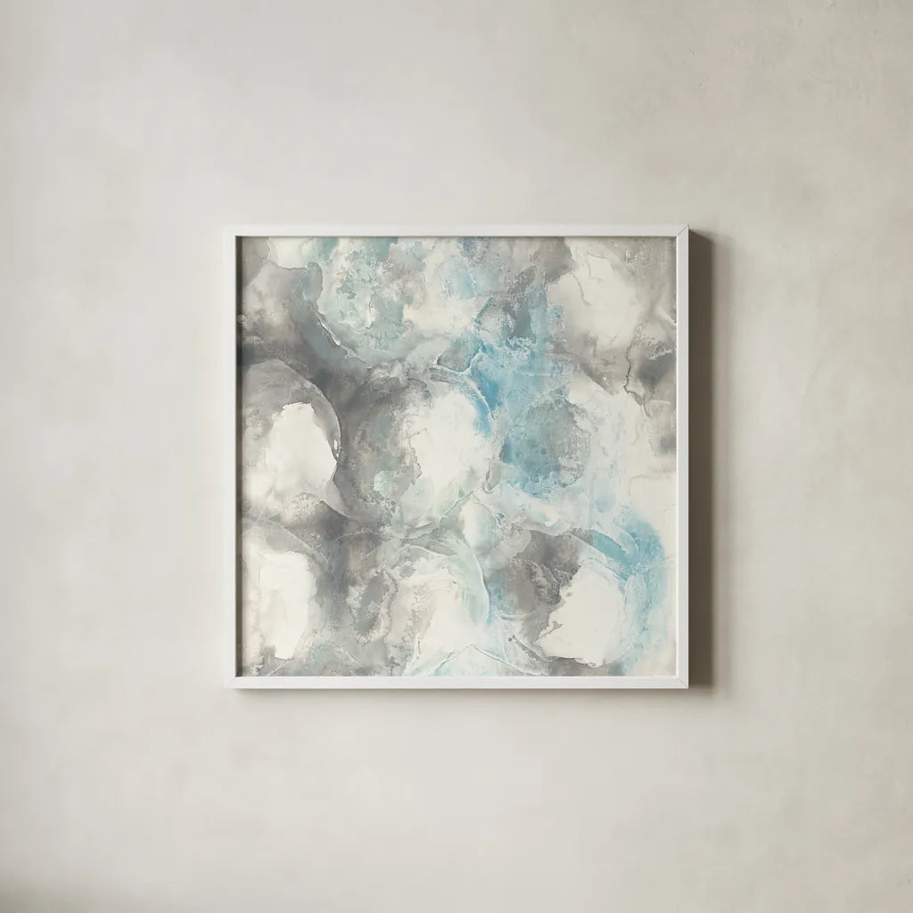 Pale Blue Circles II by Chris Paschke. Shown in a crisp white glass frame for a clean and minimalist style. Available as an archival giclee rolled canvas, fine art paper, or poster print. SKU 35256a.