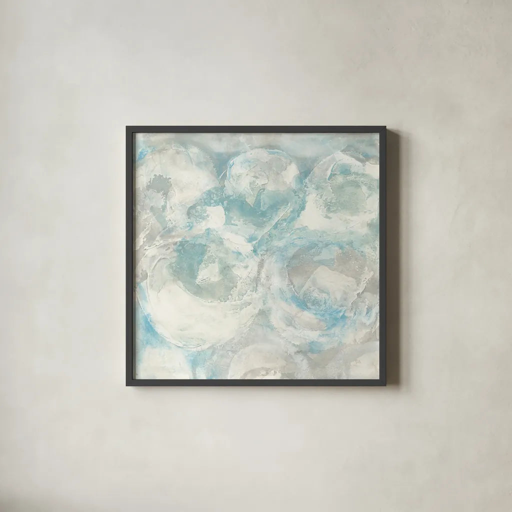 Pale Blue Circles III by Chris Paschke. Shown in a sleek black glass frame for a contemporary gallery look. Available as an archival giclee rolled canvas, fine art paper, or poster print. SKU 35257a.