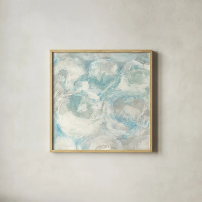 Pale Blue Circles III by Chris Paschke. Shown in a natural wood glass frame for a timeless modern aesthetic. Available as an archival giclee rolled canvas, fine art paper, or poster print. SKU 35257a.
