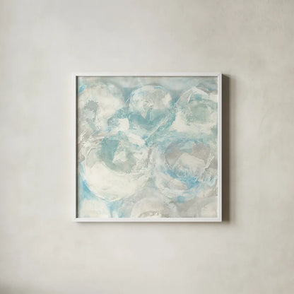 Pale Blue Circles III by Chris Paschke. Shown in a crisp white glass frame for a clean and minimalist style. Available as an archival giclee rolled canvas, fine art paper, or poster print. SKU 35257a.