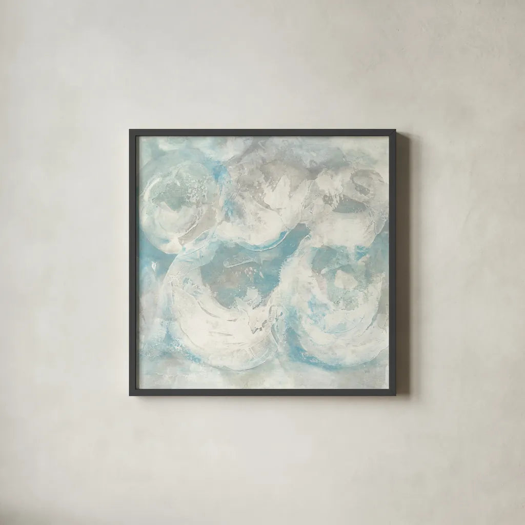 Pale Blue Circles IV by Chris Paschke. Shown in a sleek black glass frame for a contemporary gallery look. Available as an archival giclee rolled canvas, fine art paper, or poster print. SKU 35258a.