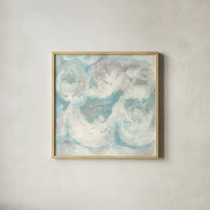 Pale Blue Circles IV by Chris Paschke. Shown in a natural wood glass frame for a timeless modern aesthetic. Available as an archival giclee rolled canvas, fine art paper, or poster print. SKU 35258a.