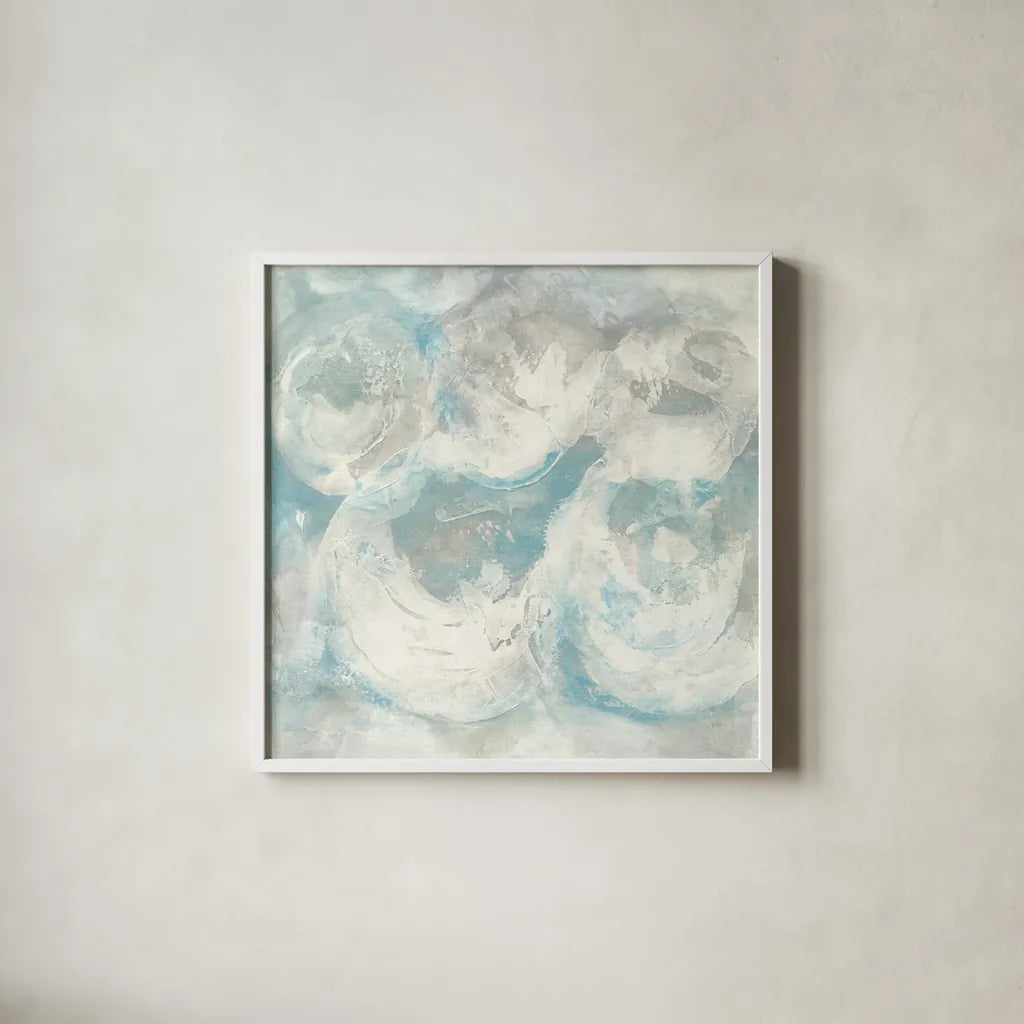 Pale Blue Circles IV by Chris Paschke. Shown in a crisp white glass frame for a clean and minimalist style. Available as an archival giclee rolled canvas, fine art paper, or poster print. SKU 35258a.