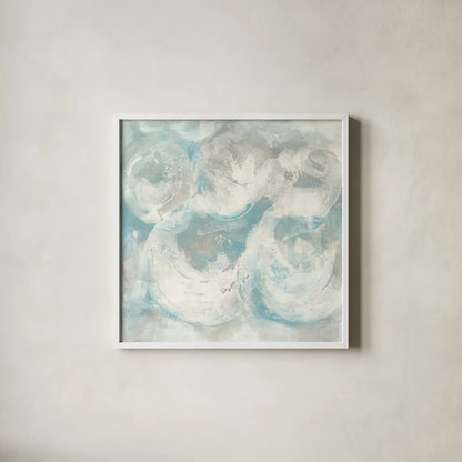 Pale Blue Circles IV by Chris Paschke. Shown in a crisp white glass frame for a clean and minimalist style. Available as an archival giclee rolled canvas, fine art paper, or poster print. SKU 35258a.