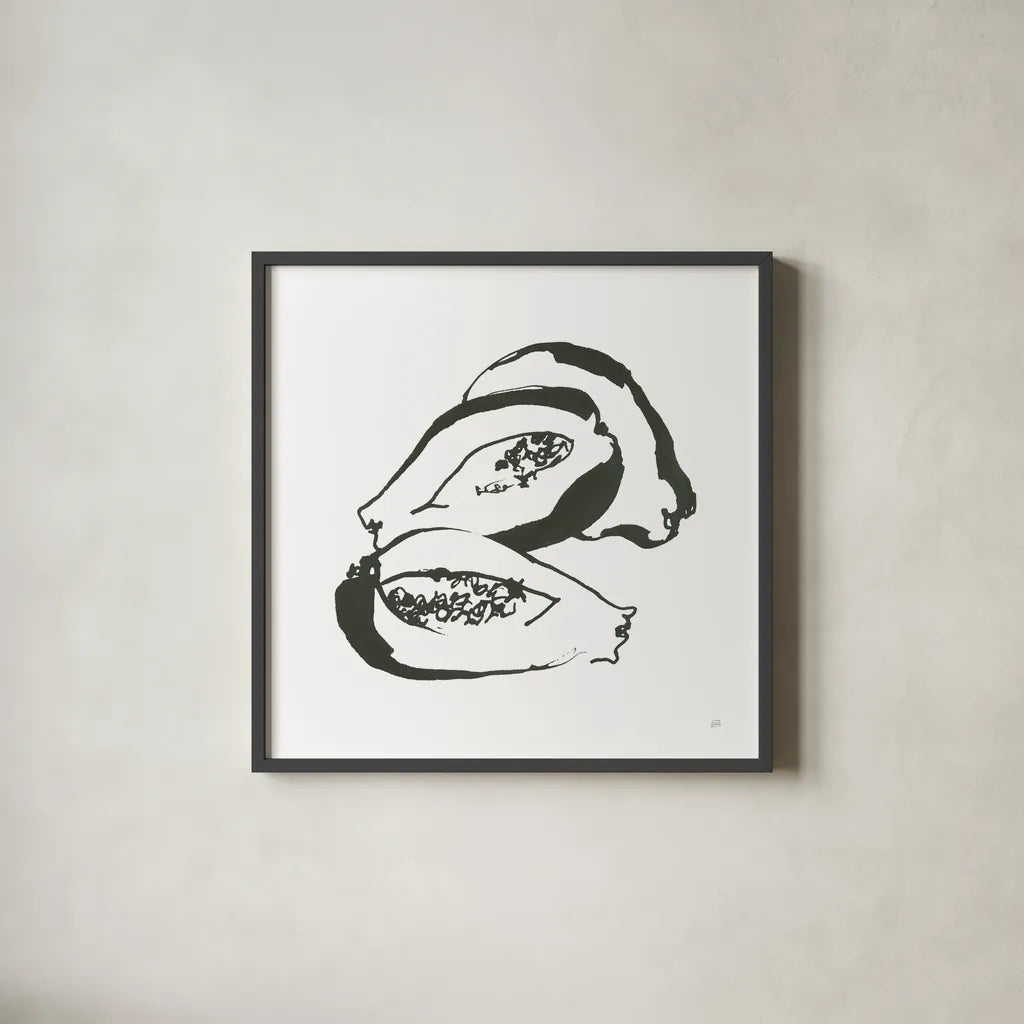 Papaya BW by Chris Paschke. Shown in a sleek black glass frame for a contemporary gallery look. Available as an archival giclee rolled canvas, fine art paper, or poster print. SKU 64219a.