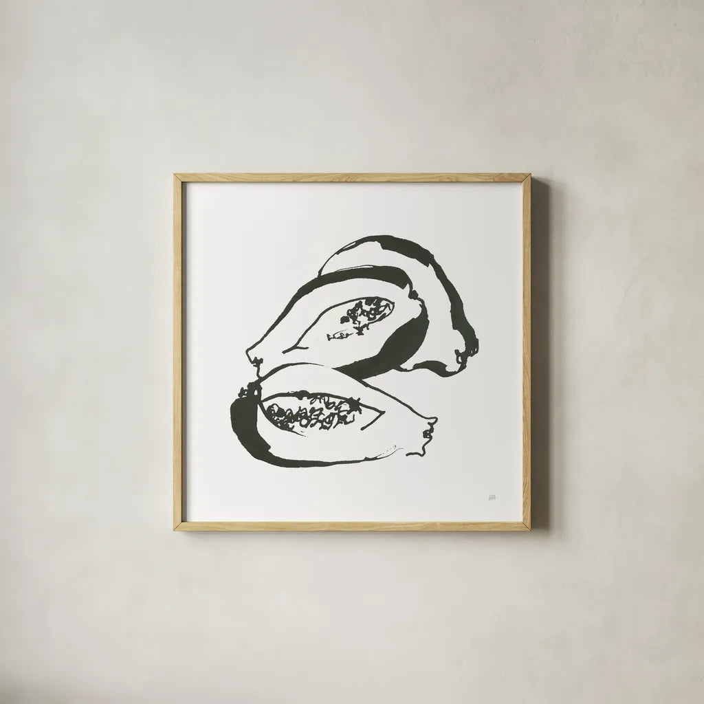 Papaya BW by Chris Paschke. Shown in a natural wood glass frame for a timeless modern aesthetic. Available as an archival giclee rolled canvas, fine art paper, or poster print. SKU 64219a.